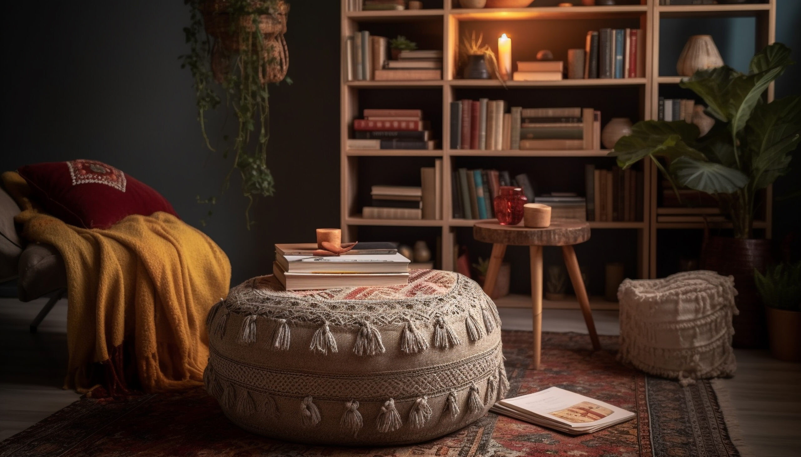Modern library decor comfortable armchair, old fashioned rug, illuminated bookshelf collection generated by artificial intelligence